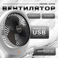 Настільний usb міні вентилятор аккумуляторний портативний Andowl Super тихий економний охолодження для офісу будинку та авто (Італія)