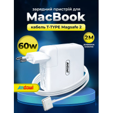 Блок живлення для ноутбука Apple Magsafe 2 60W сумісний MacBook Air Pro Блок живлення та заряджання Andowl Q-KC01X1 для макбуків 2012-2017 Адаптер та вбудований кабель T-TYPE 2 метри з магсейфом
