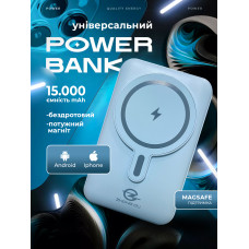 Повербанк з магнітом умб магсейф 15000 mah з бездротовою швидкою зарядкою + вбудовані кабелі usb type c lightning Zhong Ou magsafe магнітний павербанк для айфона андроїда powerbank зовнішній портативний акумулятор повербанки легкі компактні блакитний