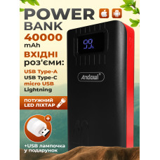 Повербанк умб 40000 mah power bank Andowl Q-CD701X1 павербанк з usb ліхтариком павер повір банк для телефону роутера powerbank зовнішній портативний акумулятор з дисплеєм повербанки великої ємності павербанки пауербанки на 40000mah червоно чорний