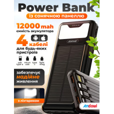 Повербанк умб 12000 mah з сонячною батареєю ліхтариком Andowl power bank Q-DC79X1 павербанк для телефону роутера пристроїв powerbank з вбудованими кабелями micro usb a type c lightning зовнішній портативний сонячний акумулятор повербанки чорний