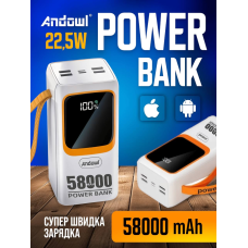 Повербанк умб 50000 mah 22.5w з швидкою зарядкою pd і вбудованими кабелями type c lightning Andowl power bank Q-TD88 павербанк для телефону планшета айпада пристроїв powerbank зовнішній портативний акумулятор повербанки великої ємності білий