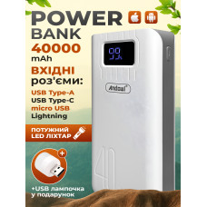 Повербанк умб 40000 mah power bank Andowl Q-CD701X1 павербанк з usb ліхтариком павер повір банк для телефону роутера powerbank зовнішній портативний акумулятор з дисплеєм повербанки великої ємності павербанки пауербанки на 40000mah біло сірий