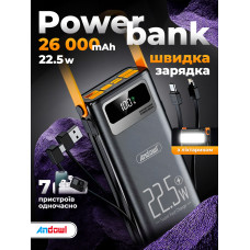 Повербанк умб 26000 mah 22.5w зі швидкою зарядкою ліхтариком дисплеєм Andowl power bank Q-XD7X1 павербанк 20000 для телефону роутера пристроїв powerbank зовнішній портативний акумулятор повербанки великої ємності чорний