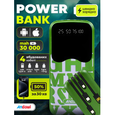 Повербанк умб 30000 mah зі швидкою зарядкою та вбудованими кабелями micro usb type c lightning Andowl Q-CD902X1 павербанк для роутера телефону пристроїв powerbank зовнішній портативний акумулятор повербанки великої ємності зелений