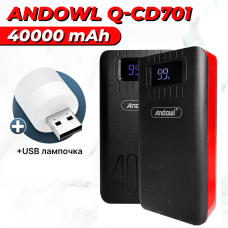 Повербанк умб 40000 mAh Andowl power bank Q-CD701X2 павербанк з usb ліхтариком для телефону роутера зовнішній портативний акумулятор з дисплеєм повербанки великої ємності червоно чорний