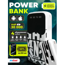 Повербанк умб 30000 mah зі швидкою зарядкою та вбудованими кабелями micro usb type c lightning Andowl Q-CD902X1 павербанк для роутера телефону пристроїв powerbank зовнішній портативний акумулятор повербанки великої ємності білий