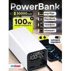 Повербанк умб 30000 mah зі швидкою зарядкою 100 w pd qc Andowl power bank Q-CD1013X1 для ноутбука макбука айпада планшета телефону смартфона 2 type c 2 usb a powerbank зовнішній портативний акумулятор повербанки великої ємності білий