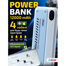 Повербанк умб 12000 mah з вбудованими кабелями type c lightning micro usb a та ліхтариком Andowl power bank Q-DC98X1 для телефону смартфона айпада powerbank зовнішній портативний акумулятор компактні повербанки біло блакитний