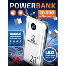 Повербанк умб 20000 mAh з вбудованими кабелями type c lightning micro usb a та led дисплеєм Shunjiboy power bank SJ-0304 павербанк для телефону планшета айпада пристроїв powerbank зовнішній портативний акумулятор компактні повербанки білий