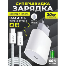 Швидка зарядка для айфона андроіда айпада мережеве зарядне пристрій JoyPro білий 20 ват блок і кабель type c для apple android ipad iphone 15 16 17 pro max plus блочок тайп сі 20w адаптер живлення і шнур тайпсі