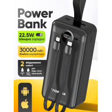 Повербанк умб 30000 mah зі швидкою зарядкою 22.5w fast charging pd та вбудованими 2 кабелями usb type c lightning Torima power delivery bank TRM-1035 для телефону смартфона айпада powerbank зовнішній акумулятор повербанки великої ємності чорний