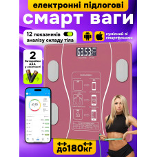 Ваги підлогові смарт з додатком на смартфон ios android bluetooth та аналізом складу тіла Smart Scale електронні скляні для дому фітнес клубу до 180 кг іос андроід блютуз рожевий